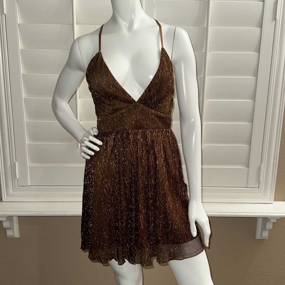 Lulus Make Your Acquaintance Gold Metallic V-Neck Skater Dress